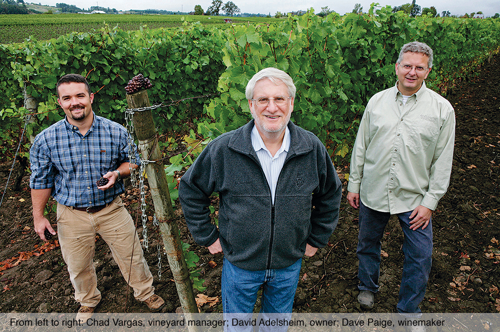 From left to right: Chad Vargas, vineyard manager; David Adelsheim, owner; Dave Paige, winemaker.
