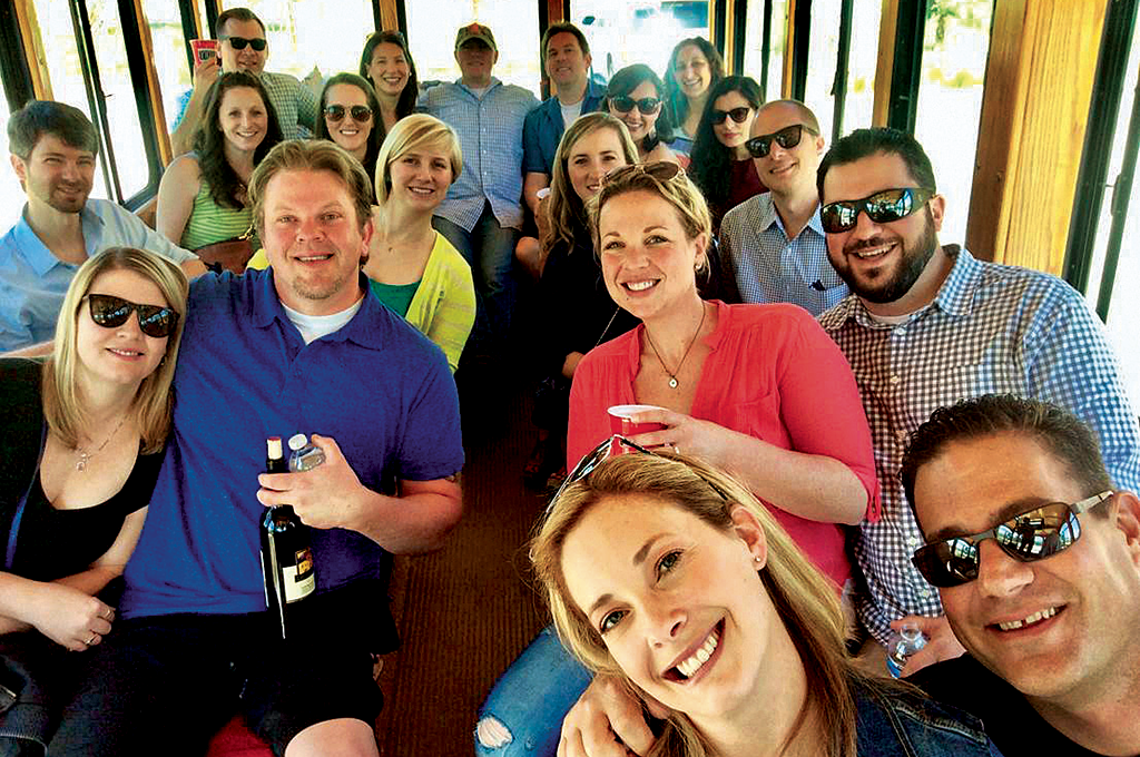 A group of travelers aboard the Livermore Wine Trolley